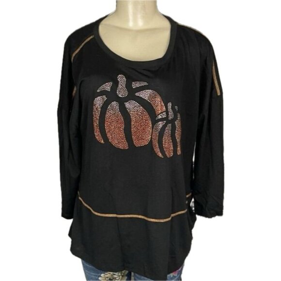 One World L Black Crew Neckline Studded Pumpkin Graphic Relax Fit 3/4 Sleeve Tee - Picture 2 of 6